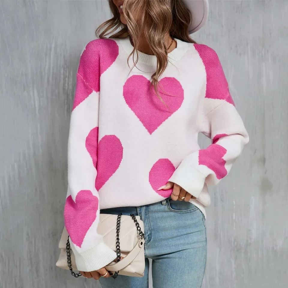 

Versatile Regular Fit Turtleneck Sweater Cute Sweaters For Women Heart Printed Crewneck Flattering Oversized Roupas Feminina