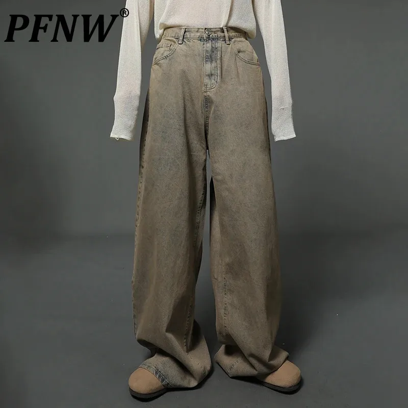 

PFNW High Street Mud Dyed Men's Jeans Vintage Adjustable Waist Male Wide Leg Denim Pants Casual Straight Trousers Trendy 28W3068