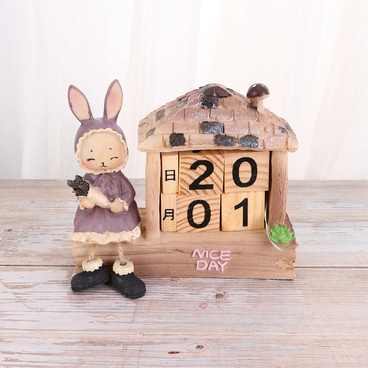 

Wooden House Shape Perpetual Desktop Calendar Manual Turning Block Vintage Office Home Decor Rabbit Girl Desktop Decoration