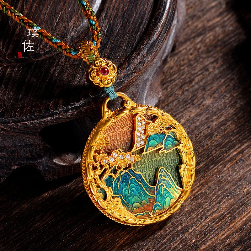 Jindian Same Style Ancient Style Alluvial Gold Thousand-Li Landscape Pendant Court Quality Made EnameldiyAccessories Necklace We