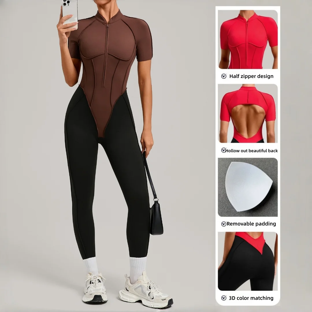 

Women's New Stand Collar Yoga Jumpsuit Beautiful Back Fitness Color Block Patchwork One-piece Jumpsuit Running Sports Yoga Suits