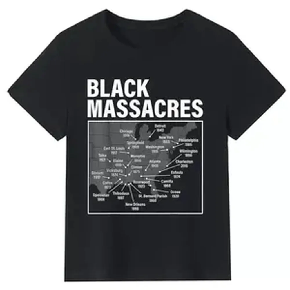 Casual Short-Sleeve Cotton T-Shirt - Smooth Fabric, Round Neck, Black Massacres History Map Graphic, Seamless Top for Afro American Struggle Awareness
