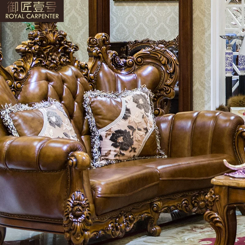 Living room furniture European sofa combination of solid wood large American head leather 123 living room villa furniture