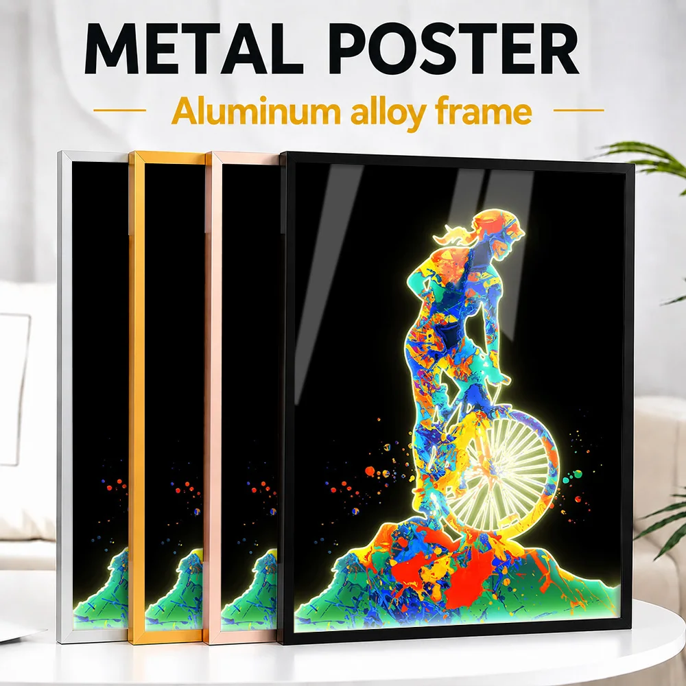 Mountain Biker Girl Framed Metal Poster Customized Paint Splatter Wall Art For Bicycle Repair Workshop, Bike Enthusiast Gift
