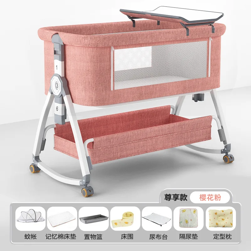 Crib Movable Multi-Function Folding Height Adjustment Splicing Queen Bed Baby Bassinet Newborn Baby Bed Anti-Overflow