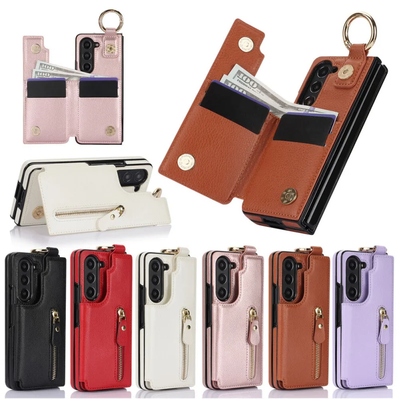 

Flip PU Leather Stand Card Solt Phone Case with Ring Holder For Samsung Galaxy Z Fold 5 Fold 4 Fold3 5G Zipper Wallet Hard Cover
