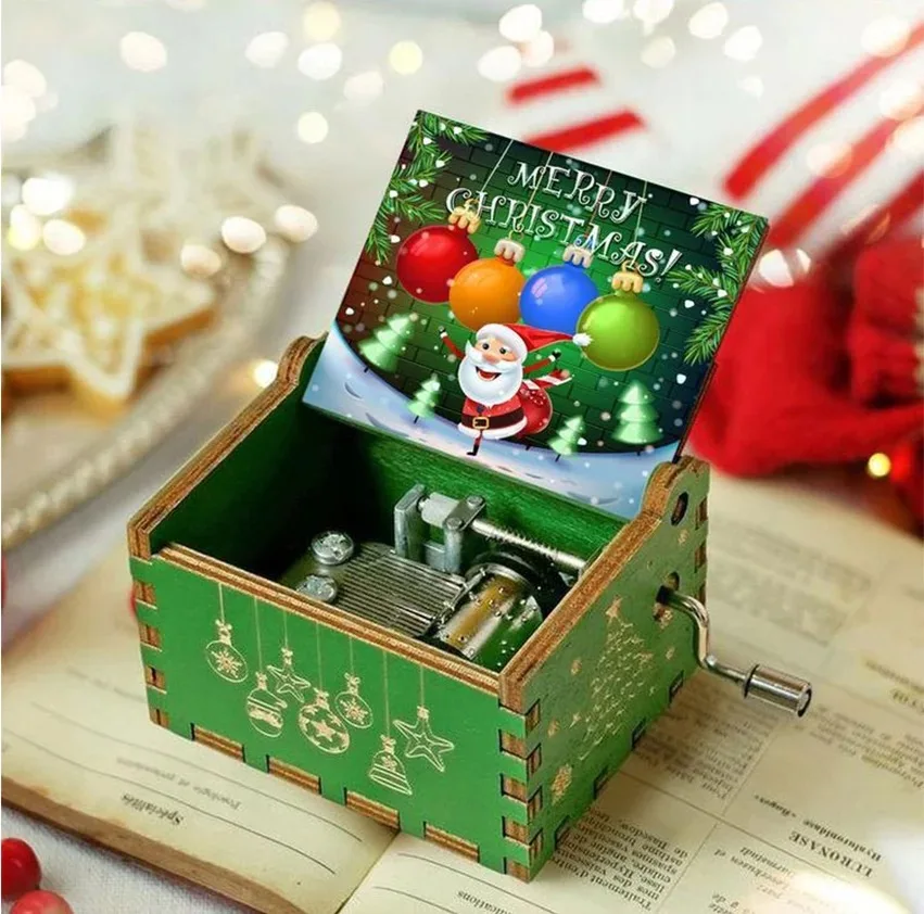 Wooden Hand Crank Music Box Merry Christmas Present Painted Carved Music Box Festival Ornament Doll House Decor New Year Gifts