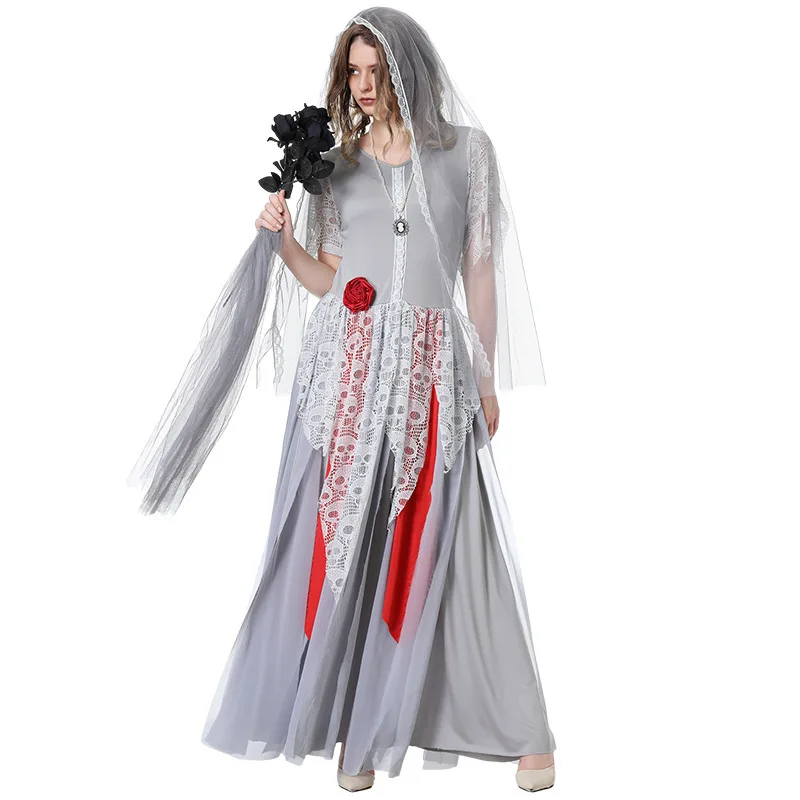 

New Halloween Ghost Bride Dress with Headpiece Skull Print Evening Dress Cosplay Stage Performance Dress