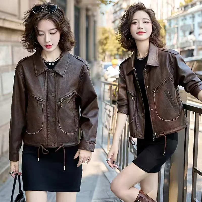 2025 High-grade PU Leather Female Jacket Short Faux Leather Women Coat Locomotive Leather Ladies Outwear