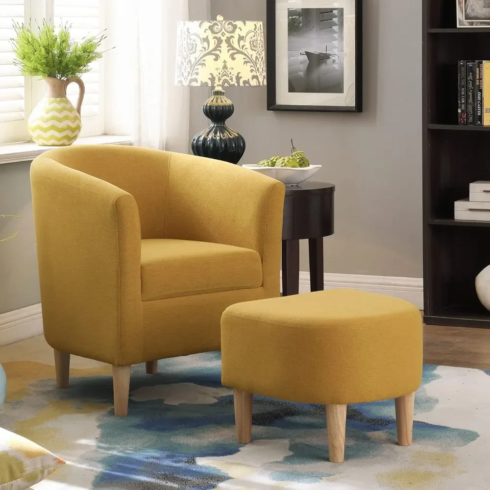 

Upholstered Arm Chair Linen Fabric Single Sofa Chair with Ottoman Foot Rest Mustard Yellow Comfy Armchair