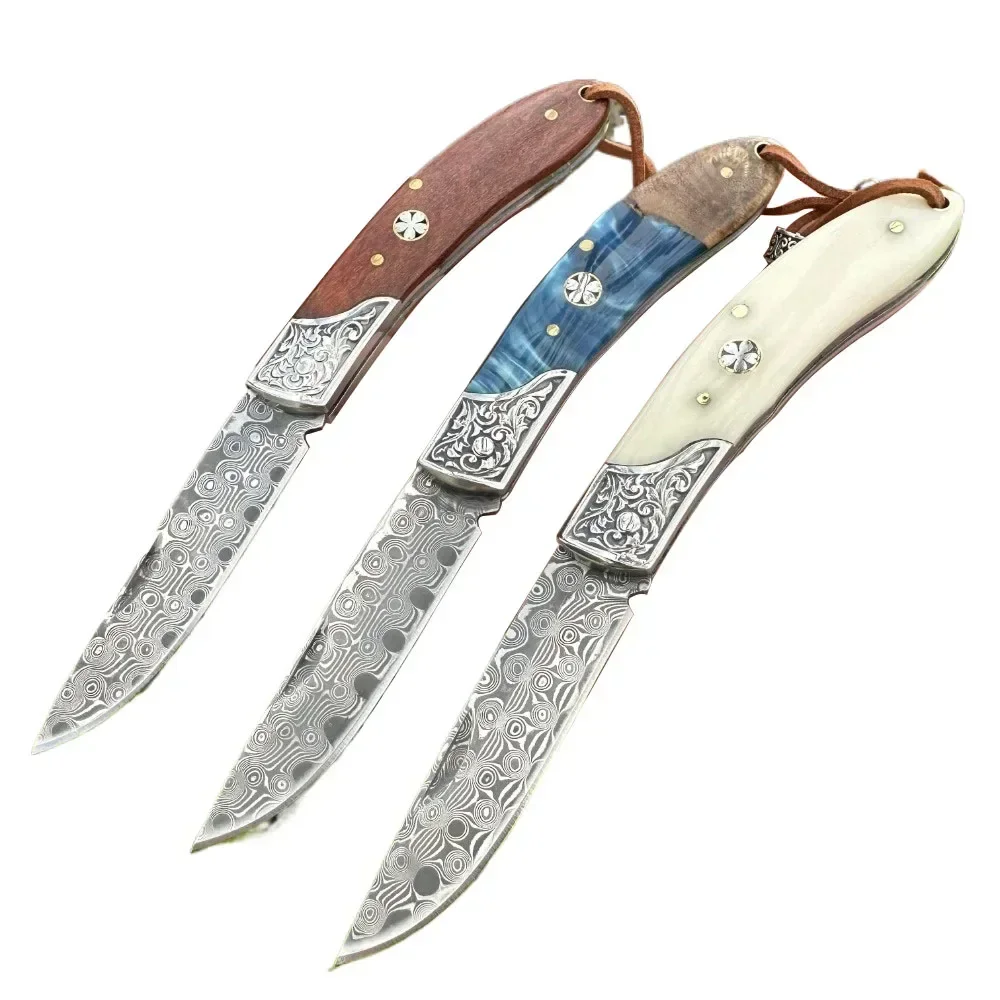 Handmade Forged Vg10 Damascus Folding Blade Knife Beef Bone/Resin/Rosewood Handle Collection Portable Pocket Knifes For Camping