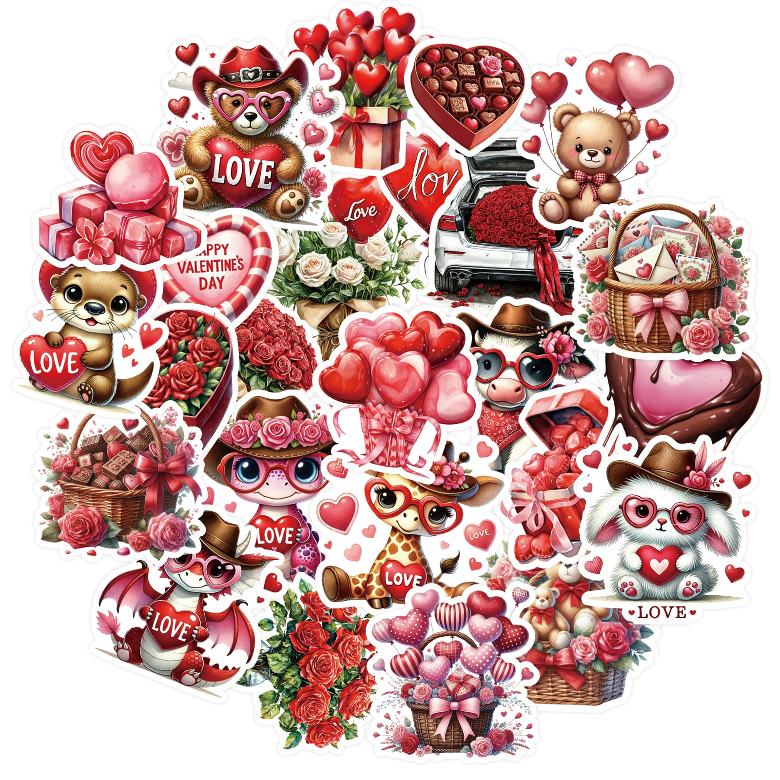 50PCS Love Heart Flower Stickers Cartoon Valentine's Day Stickers For Diary Notebook Water Bottle Laptop Phone Decoration