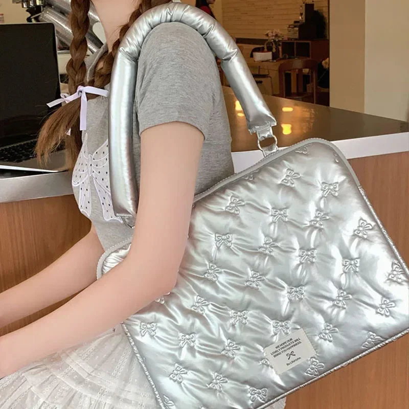 Silver Shoulder Computer Bag Korea Women Bow Travel Organizer Canvas Bookbag Laptop Daypack Computer Inner Bag Storage Bags