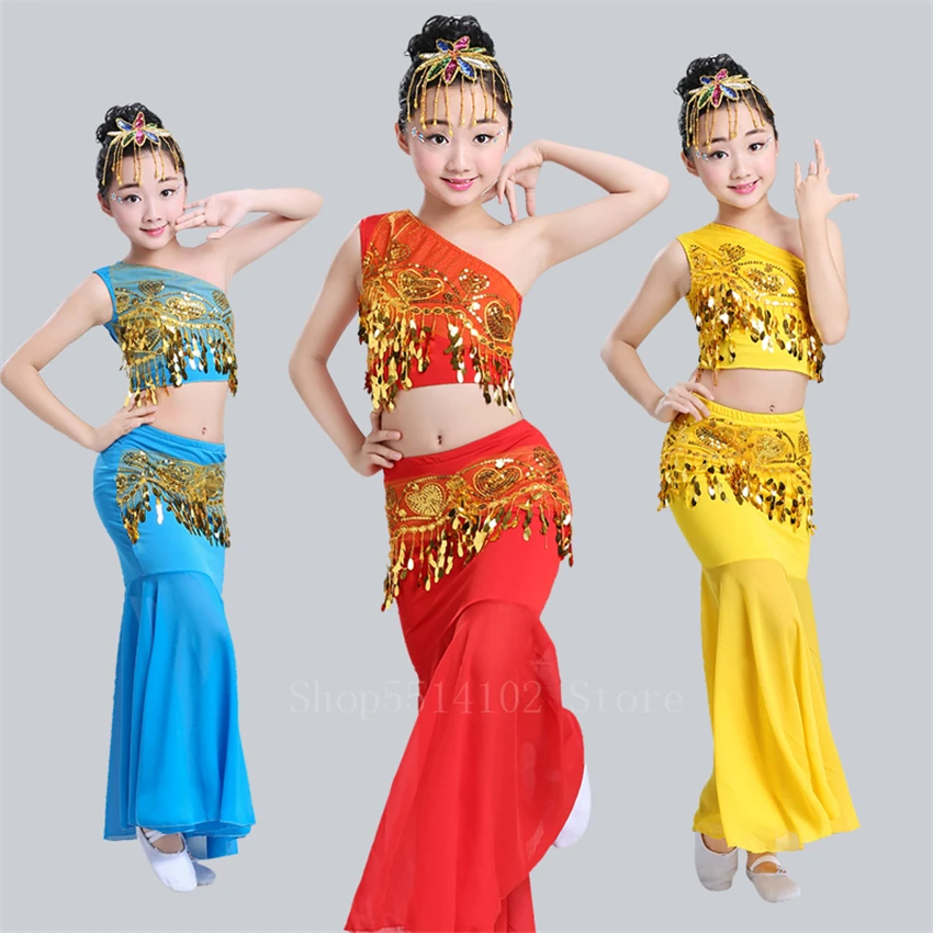 Children Egypt Performance Pratice Clothes Oriental India National Girl Sequins Shoulder Off Tail Belly Skirt Bellydance Costume