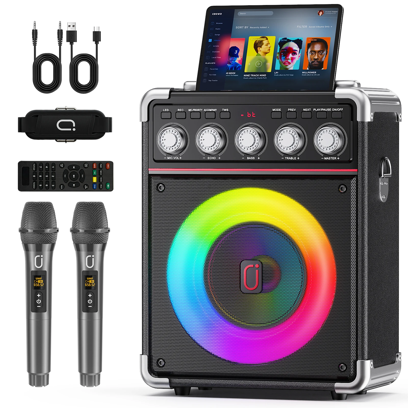 TX05 Karaoke-Maschine mit 2 kabellosen Mikrofonen für Erwachsene, RGB-Licht für Home Party, Partybox unterstützt TF/USB, AUX, Rec, TWS