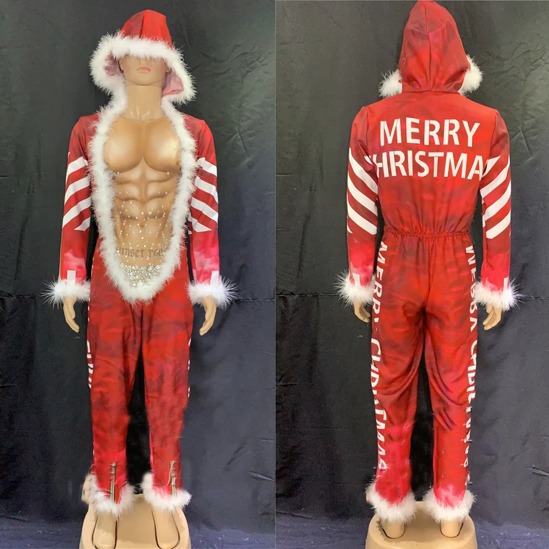 

Cosplay Christmas Costume Men'S Nightclub DS Pole Dance Clothes Red Diamond Plush Hooded Jumpsuit Stage Show Rave Outfit XS2879