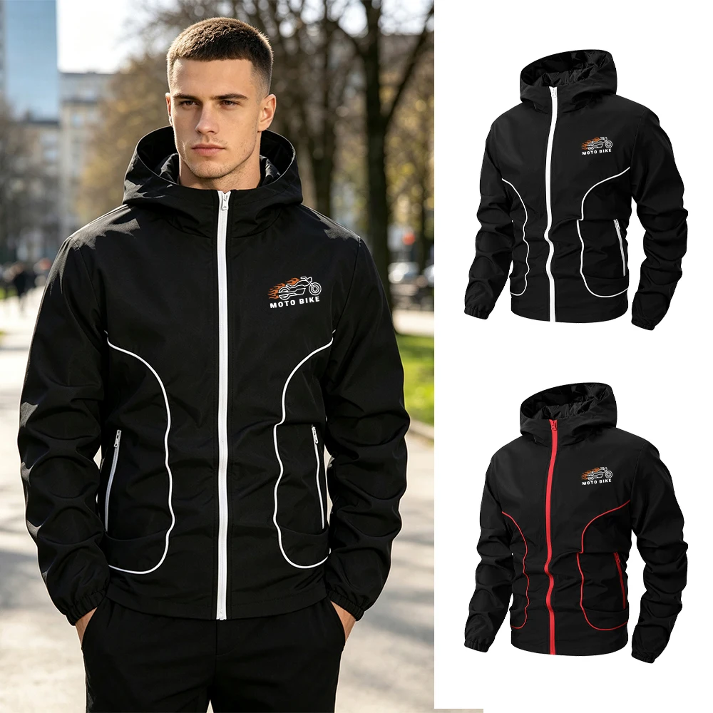 Men's Casual Motorcycle Print Hooded Jacket With Zippered Pockets Windproof Outerwear For Daliy Outdoor Commute And Sports