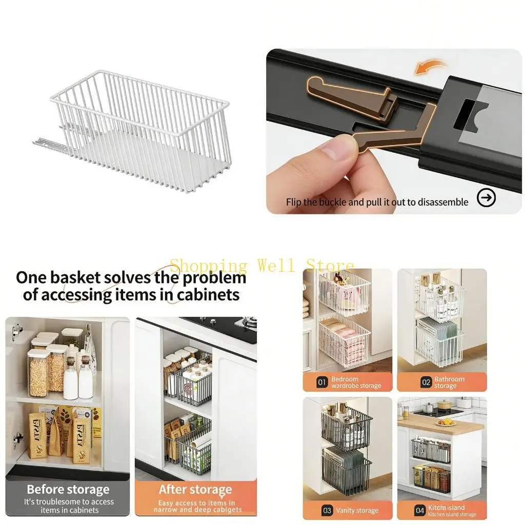 Cesta almacenamiento retráctil KX4B para organización del hogar, para gabinetes cocina y estantes baño, diseño