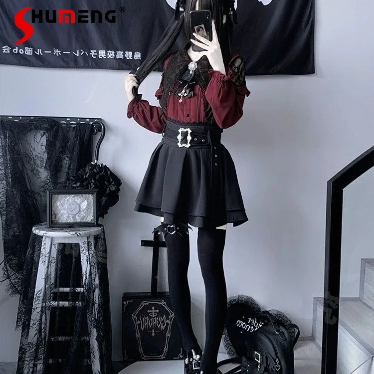 

Japanese Mine Style Mass-produced Lace Splicing Long Sleeve Single-breasted Shirts High Waist A-line Skirt Two-piece Sets Women