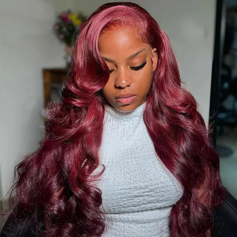 

13x6 объемная волна парики фронта шнурка человеческие волосы плотность 220% предварительно выщипанные винно-красный цвет парик фронта шнурка для женщин 34 дюйма 99J бордовый
