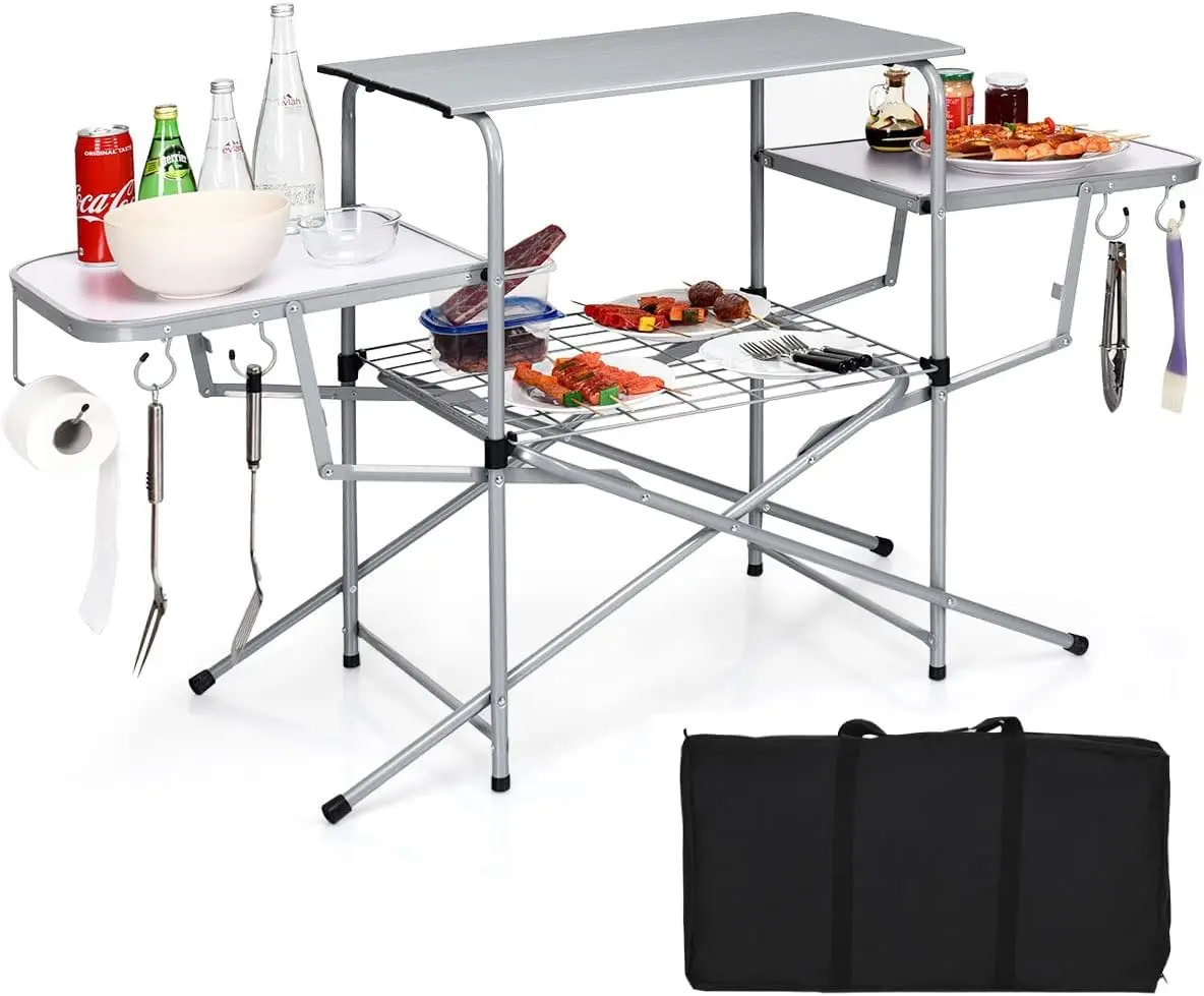 

Folding Grill Table Aluminum Camping Kitchen Table with Cook Station Hooks Portable Camp Cook Table with Storage Organizer Shelv