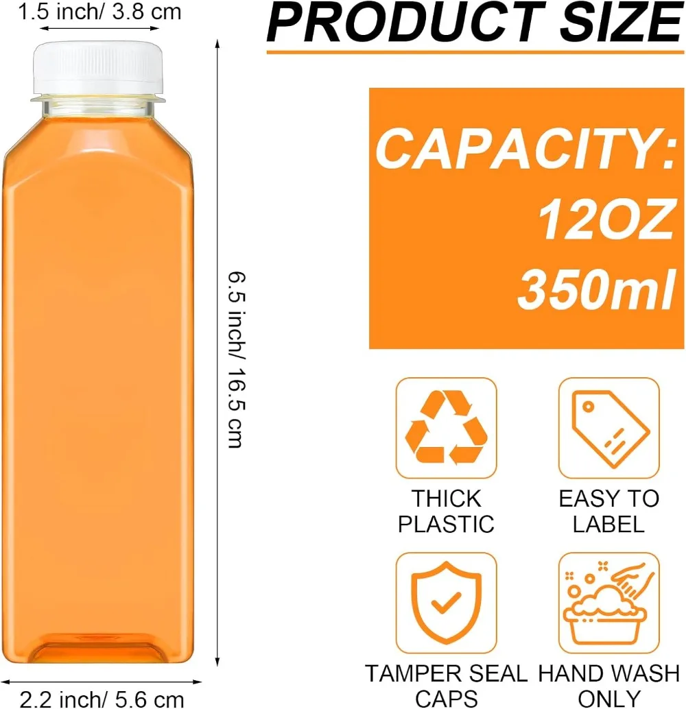 

200 Pcs 12oz Clear Square PET Juice Bottles with Caps, Reusable Leakproof Plastic Drink Containers for Smoothies Beverages