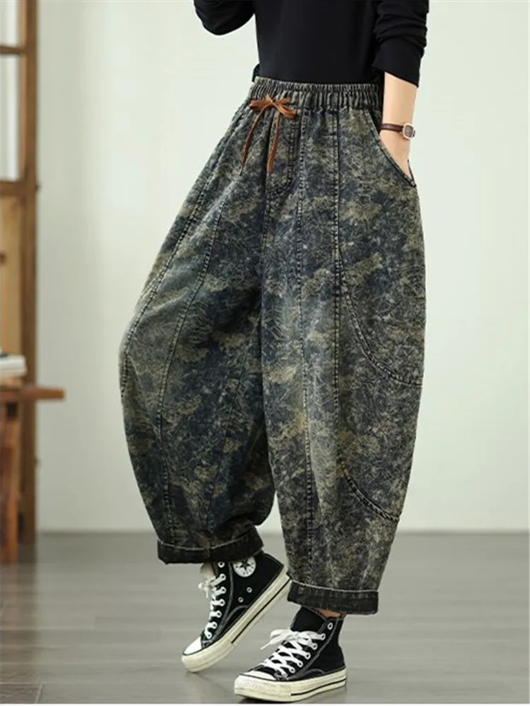 

Retro Artistic Large Size Embroidered Double Layer High Waist Jeans Sand Wash Loose Slimming Harlan Pants Pantalones De Mujer