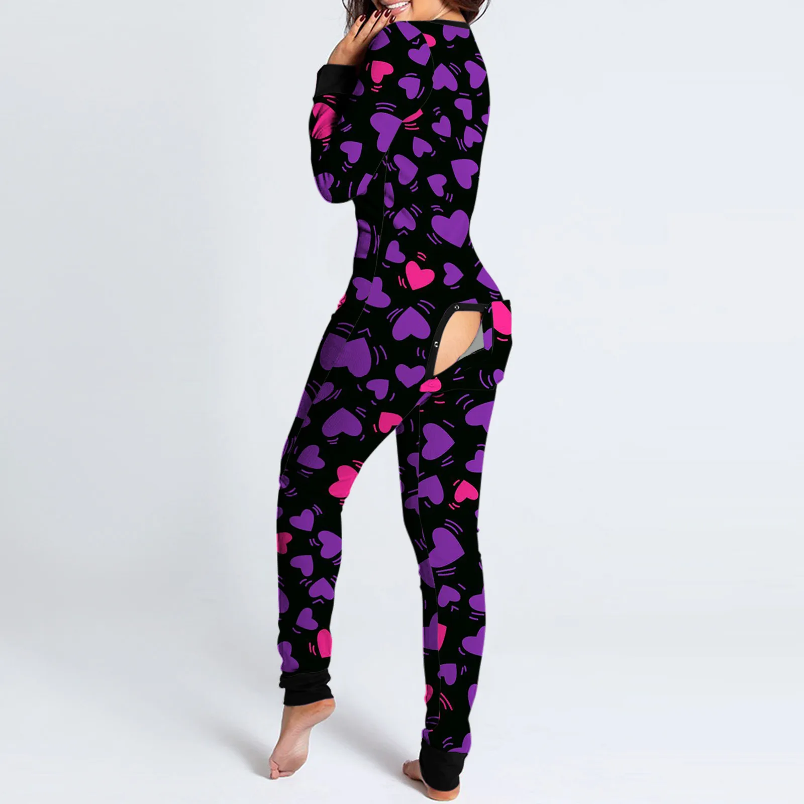 Women Heart Love Lipstick Print Jumpsuit Long Sleeve Half Button Up Sleepwear Romper Sexy Open Crotch Bodysuit Corset Onesises