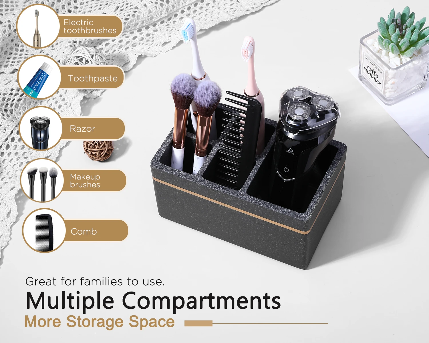 Luxspire Toothbrush Holders,Resin Electric Toothbrush Toothpaste Holder Stand Caddy,5 Slots Bathroom Vanity Countertop Storage