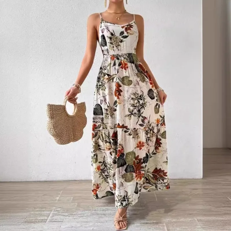 

Women White Loose Floral Printed Long Maix Dress Tank Suspender Strap Camiso Summer V Neck Casual Holiday Elegant Skirt Dresses