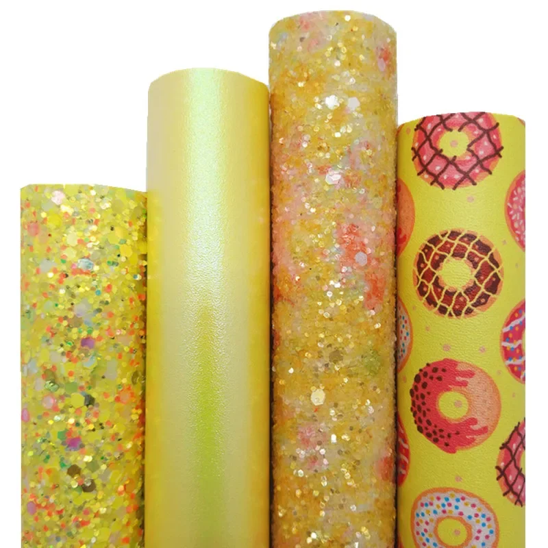 Yellow Glitter leather Donuts Printed Synthetic Leather Pearlized Smooth Faux Leather Sheets For Bows DIY 21x29CM Q362