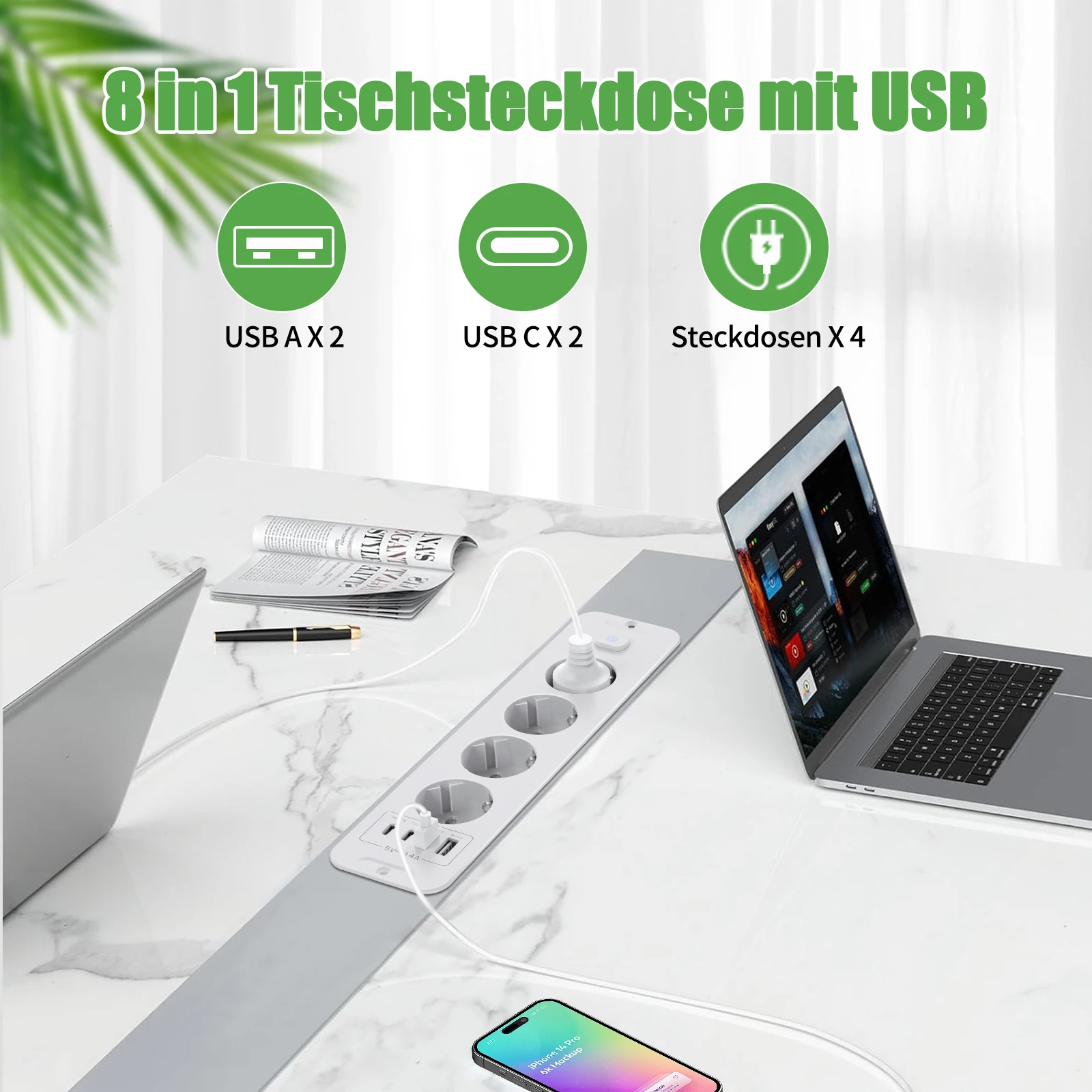 الاتحاد الأوروبي التوصيل سطح المكتب المدمج في لوحة الطاقة 4/6 التيار المتناوب مآخذ الطاقة 2 USB و 2 نوع-C محولات الطاقة مفتاح رئيسي 2 متر تمديد كابل