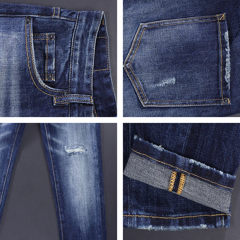 y2kStreet fashion men's jeans, high-quality stretch slim fit ripple retro blue jeans, designer retro brand pants, hombre