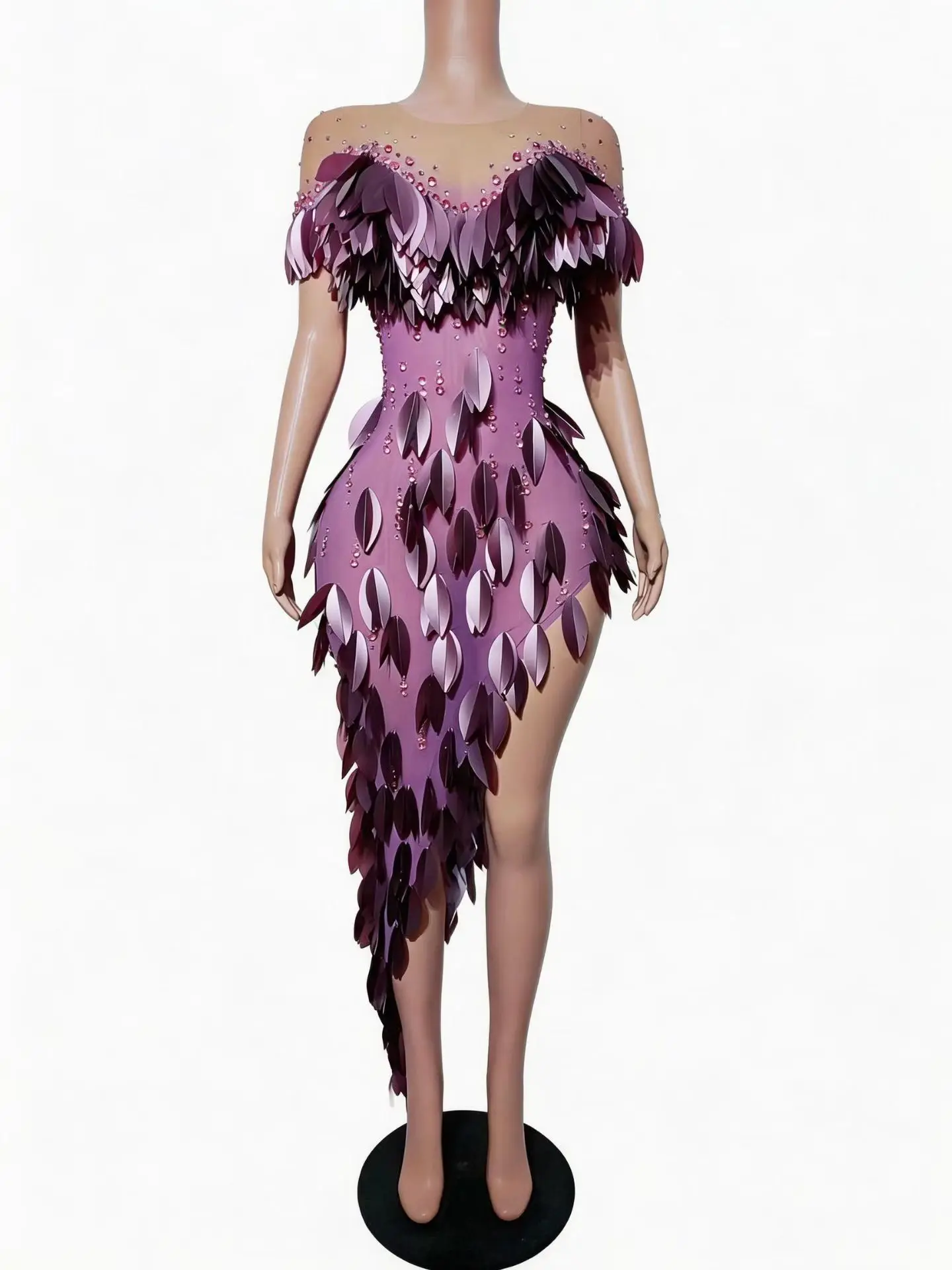 Chanmian Elegant Women Slit Dress Sexy See Through Mesh Feather Long Dress Bar Stage Performance Costume Birthday Cocktail Dress