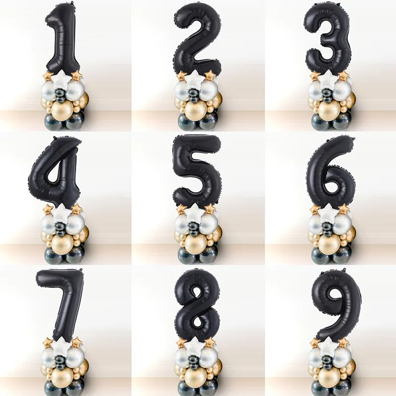 23pcs Chrome Gold Black Number Foil Balloons 1st Birthday Party Decorations Kids Boy Girl 1 2 3 4 5 6 7 8 9 Year Old Supplies