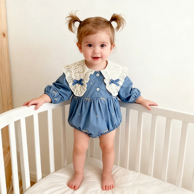 Spring Newborn Baby Girls Romper Baby Clothes Bow Princess Cotton Infant Rompers Lace Kids Baby Embroidered Jumpsuit Playsuit