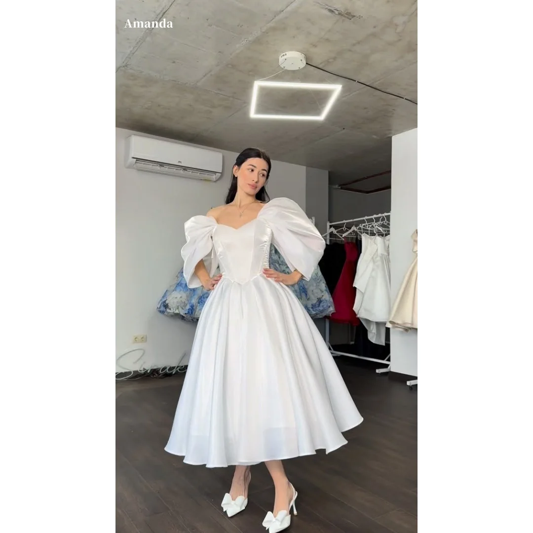 

Amanda Customized White Satin Prom Dress Off Shoulder Puff Sleeve Sweetheart Neck A Line Gown Formal Evening vestidos de noche