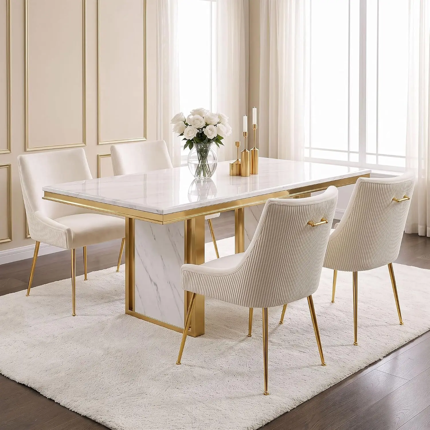 Velvet Dining Chairs Set of 4 Gold Legs Pleated Back Gold Pull Handle Mid Century Modern Dining Kitchen Living Room, Customized