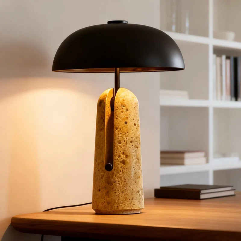 

Modern Travertine Stone Table Lamp with Metal Dome Shade | Decorative Designer Table Light