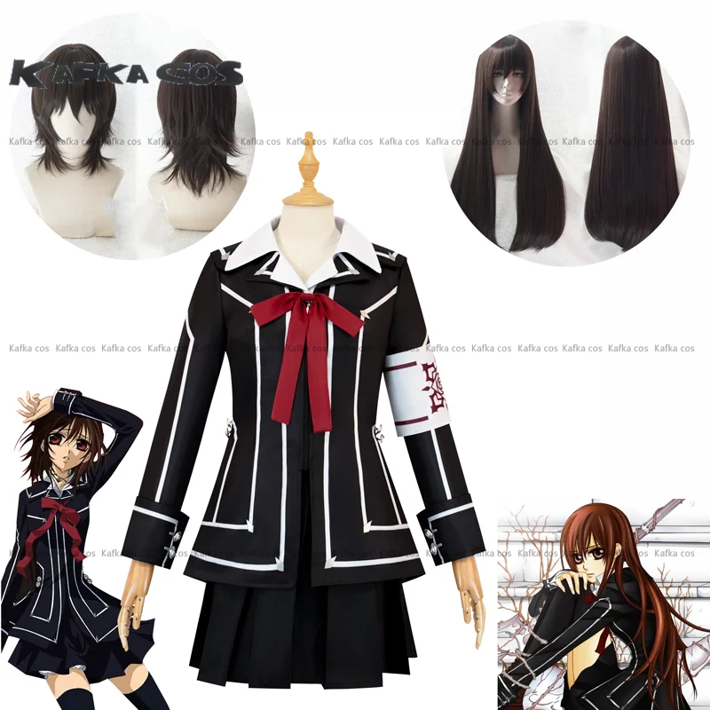 Disfraz de Anime Vampire Knight Kurosu Yuki, abrigo negro, falda, camisa blanca, pajarita roja, peluca sintética, accesorios de juego de rol para Halloween