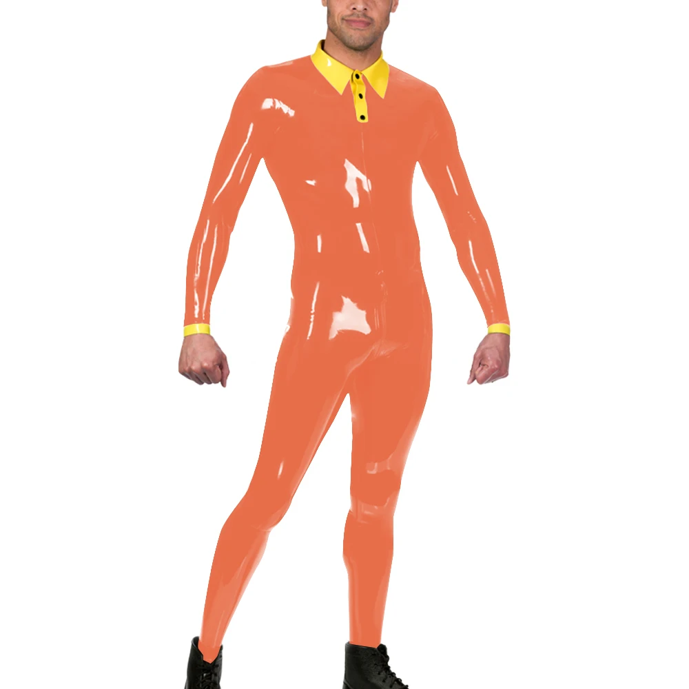 

Mens Solid Wet Look Catsuit Shiny PU Leather Bodysuit Zipper Open Crotch Tights Cosplay Leotard Fashion Polo Collar Jumpsuit 7XL