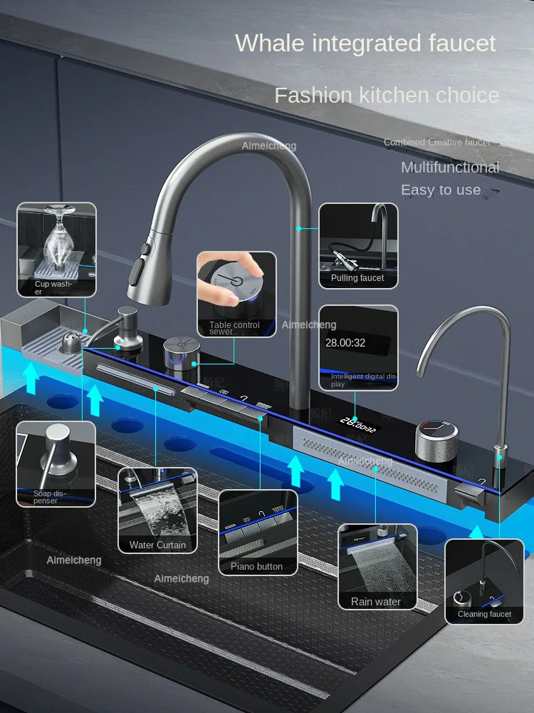 Imagem -02 - Durabilidade 4.0 mm de Espessura Nano 304 Display Digital Cachoeira Pia Conjunto Multifuncional Integrado Torneira Baleia Pia Aço Inoxidável