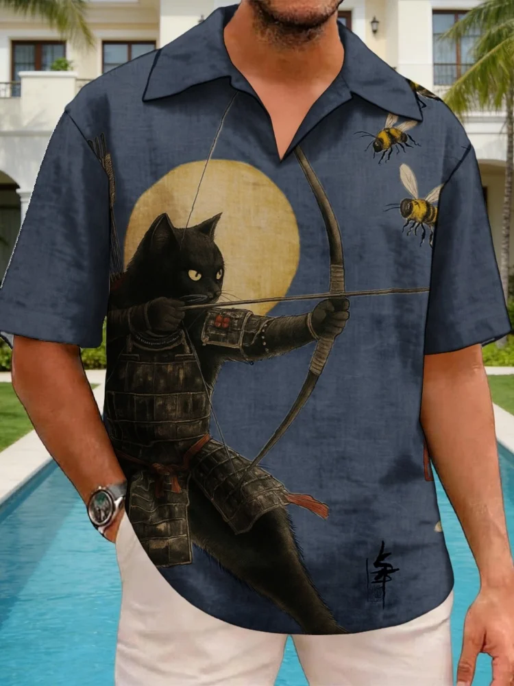 Men's Samurai Archer Cat Print Shirt Japanese Ukiyo-e Camp Collar Short Sleeve Tunics Beach Hawaiian Oversized Tops