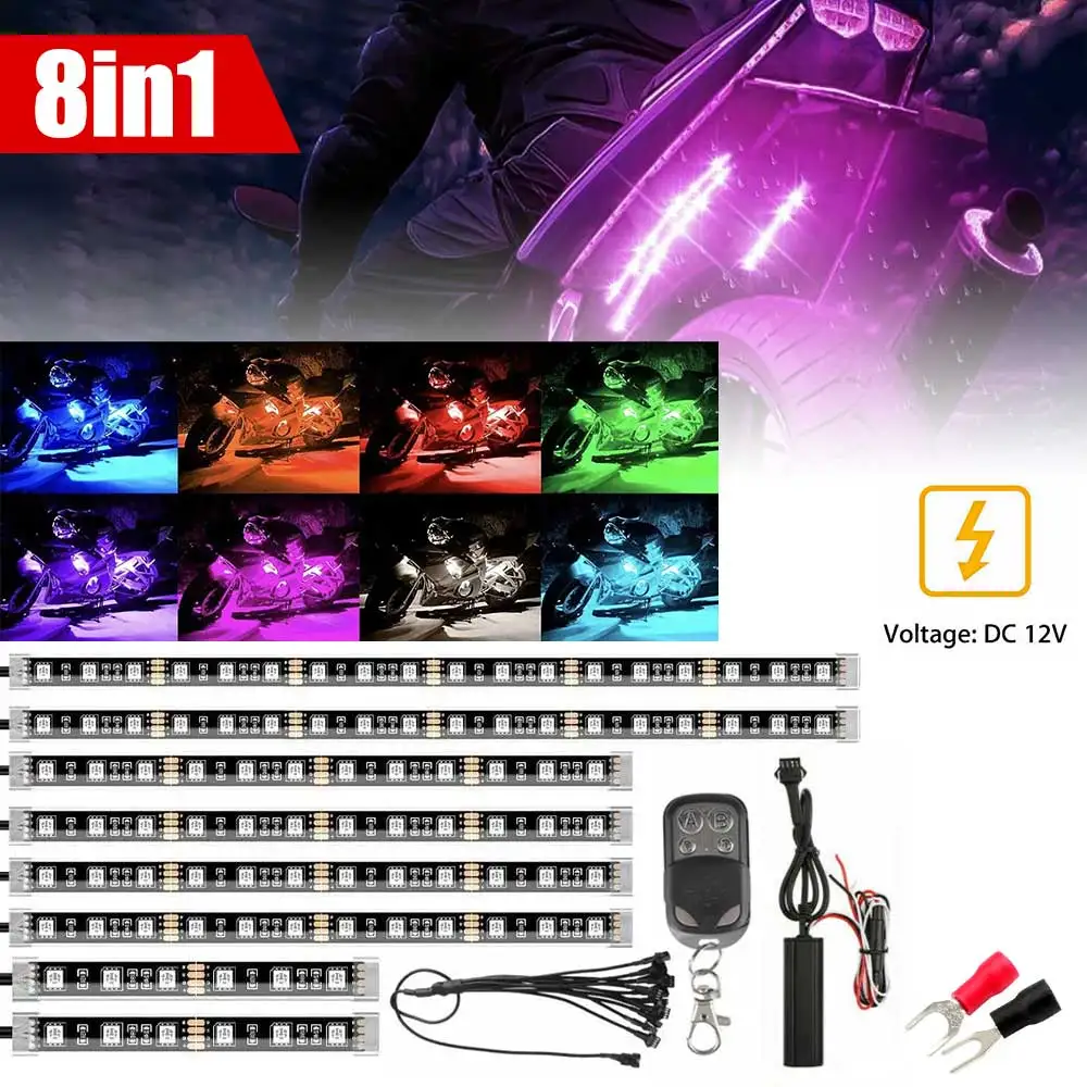 8Pcs Motorcycle LED Light Kits Strips DC 12-Volt Waterproof RGB Multi-Color