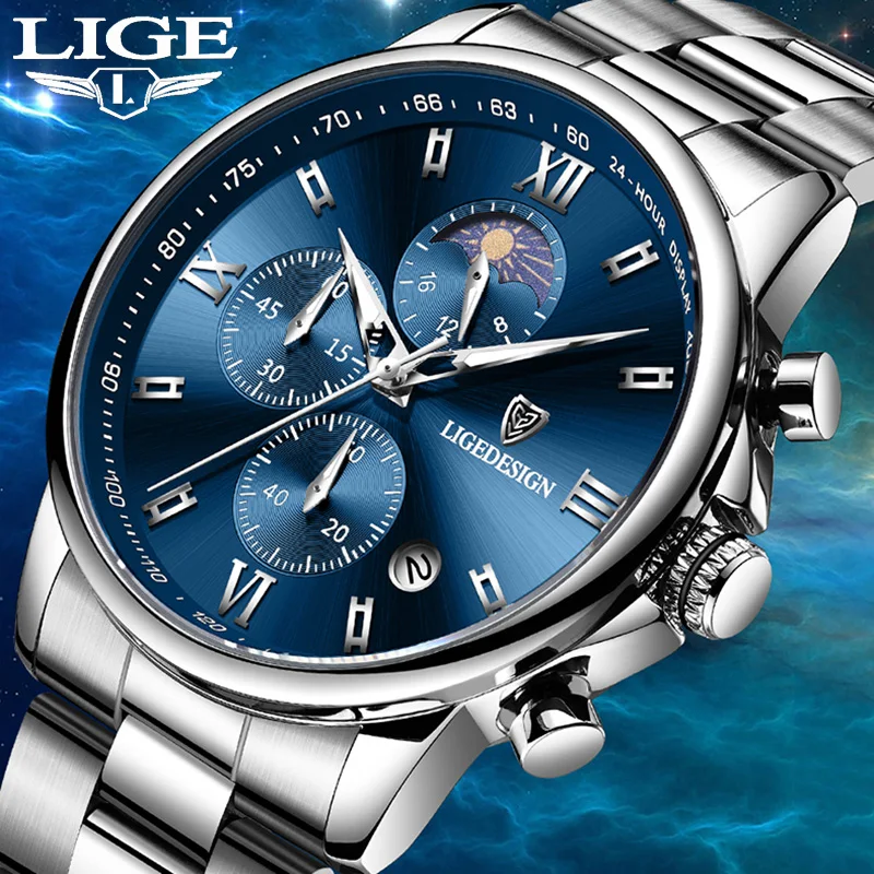 

LIGE Men Sports Waterproof Watch Fashion Business Quartz Watches For Men Stainless Steel Luxury 24-hour Moon Phase Chronograph