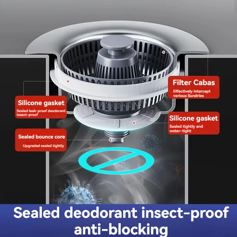 Filtro de pia de cozinha em aço inoxidável Anti-entupimento Bounce Core Tipo de imprensa Plugue de resíduos de cesta Desodorante selado 1pc