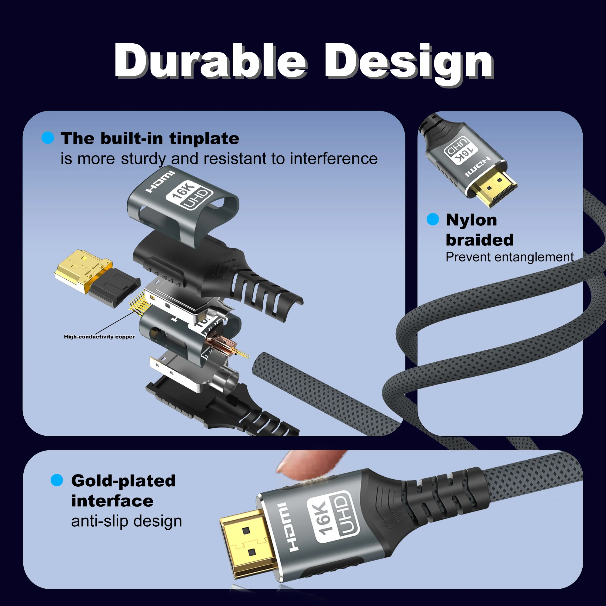 16K 10K 8K HDMI 2.2 Kabel 96Gbps HDMI Geflochtenes Kabel Unterstützt 4K@240Hz 8K@120Hz, HDCP 2.2&2.3 Dynamic HDR eARC für Roku TV/HDTV/PS5 – Detail 11