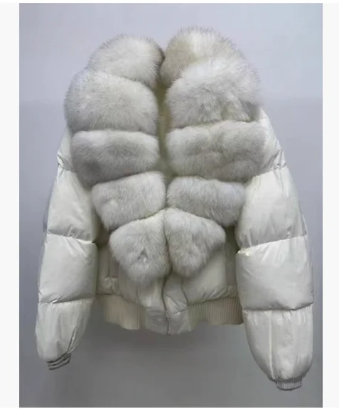 90 الأبيض بطة أسفل سترة الشتاء الطبيعية كبيرة الفراء طوق سترة منفوخة أبلى الإناث الدافئة سميكة مبطن سترة قطن