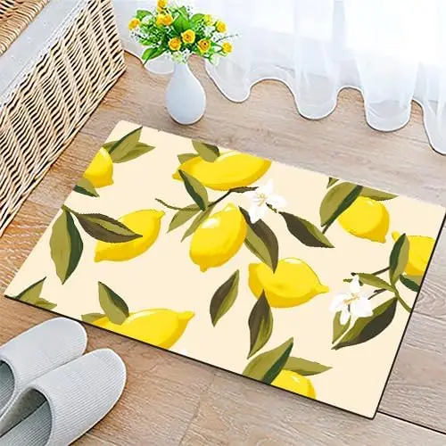 Lemon and Leaf Doormat Cream Background Fresh Citrus Design for Kitchen or Entry