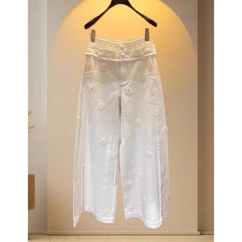 

Spring Summer Flowers Embroidery Jeans Women High Waist Casual Wide Legs Denim Trousers Ankle-Length Pants Ladies'